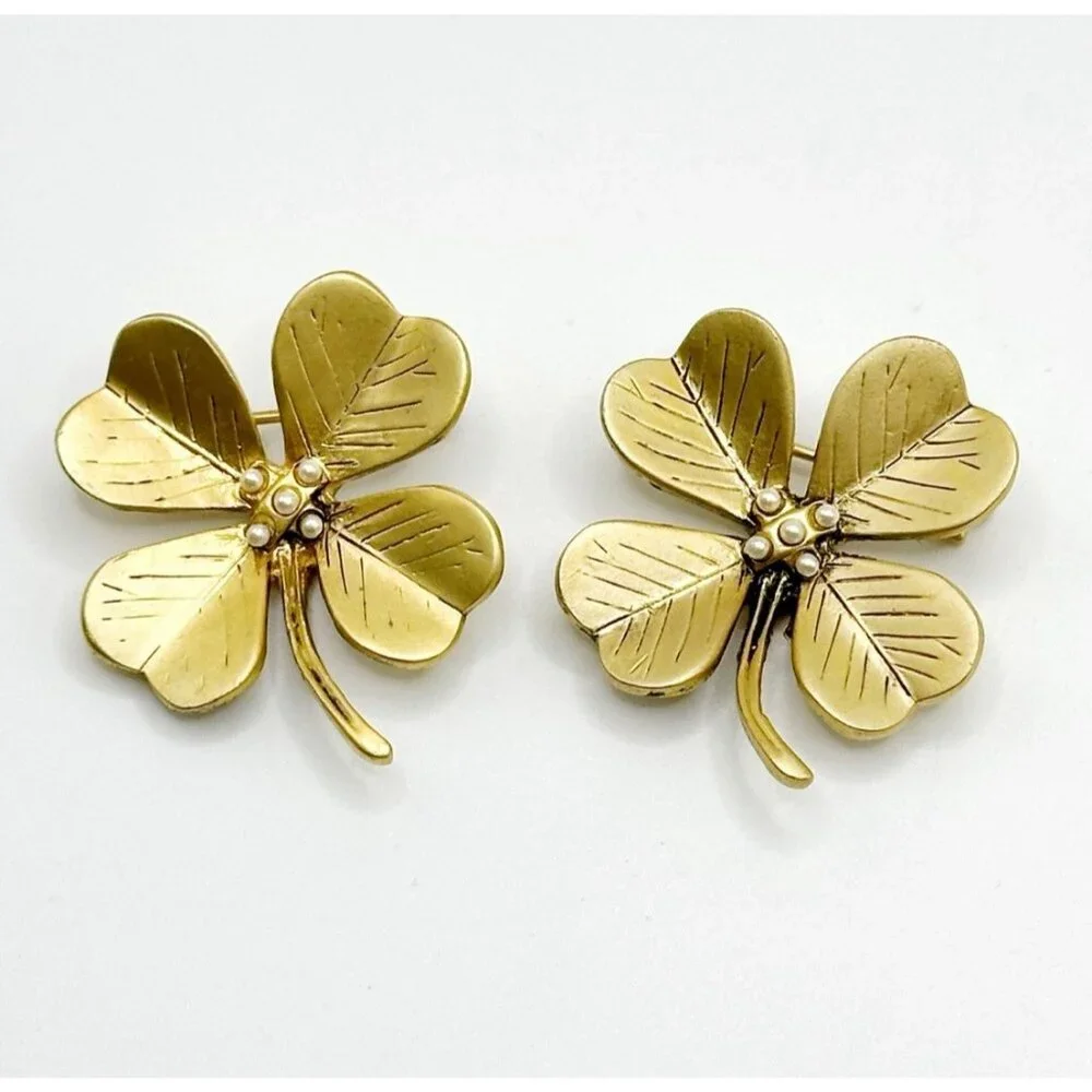 Pair Of Danecraft Gold Toned Metal‎ 4 Leaf Clover Shamrock Pins Brooches